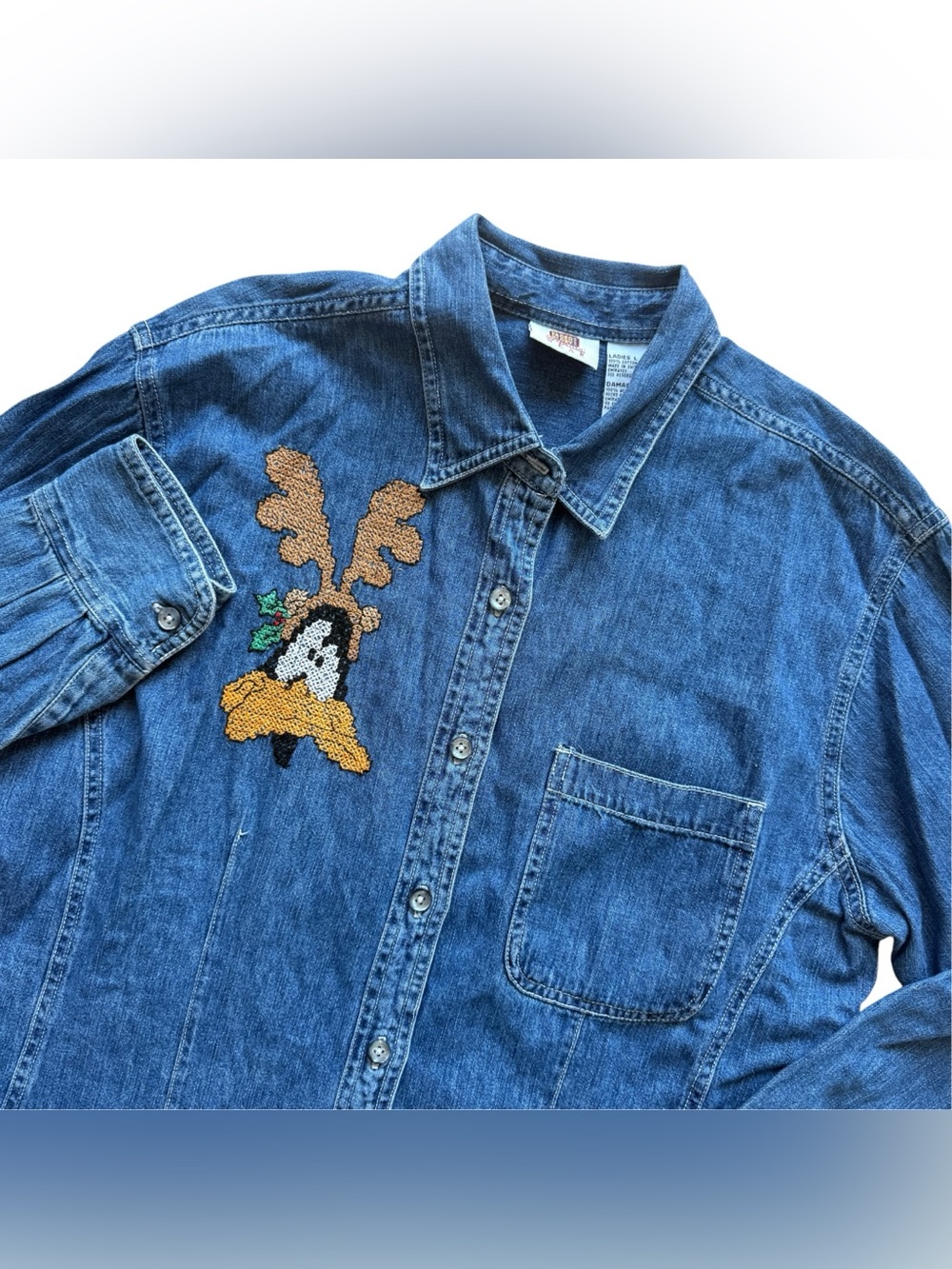 Vintage Radio Cloth Christmas Reindeer Denim Shirt Hand Embroidered Holiday 90’s
